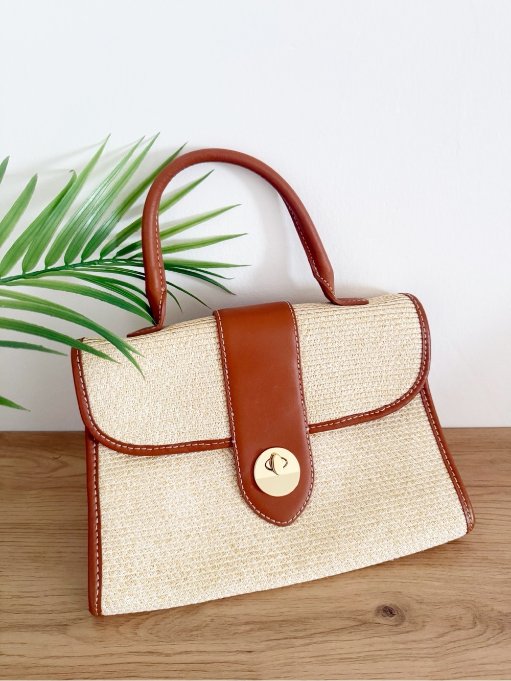 Talbots Woven Straw Raffia & Brown Faux Leather Top Handle Bag Purse